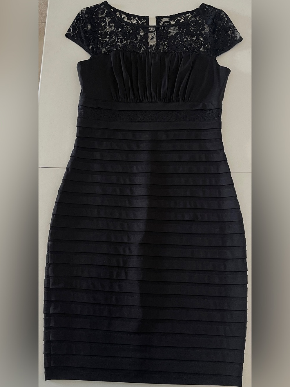 Aura Black Lace-Top Pleated Sheath Dress